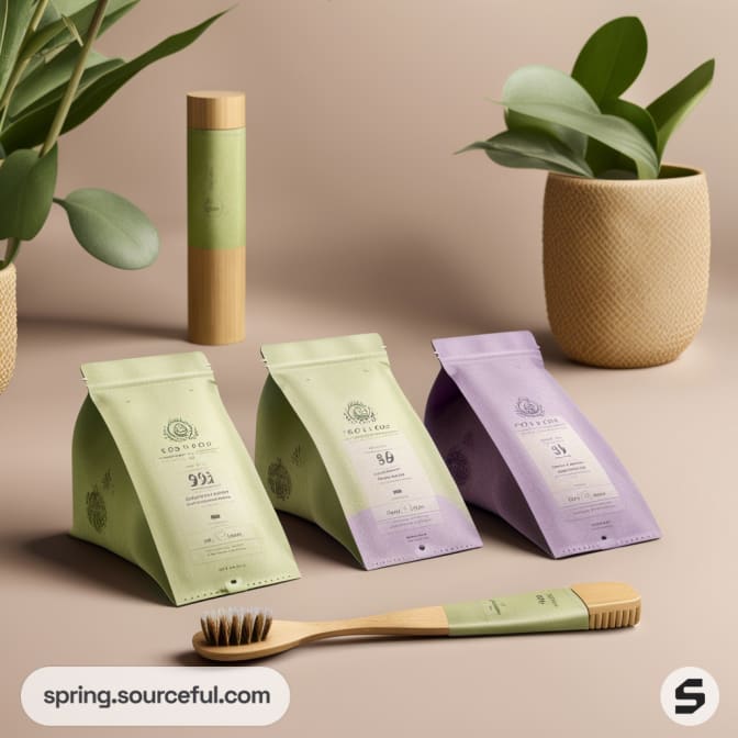 Green and purple resealable pouches with a bamboo toothbrush on a table with plants in ceramic pots.