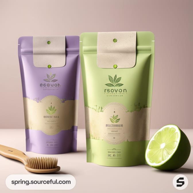 Two resealable pouches, one purple and one green, with a lime and a wooden brush on a table.