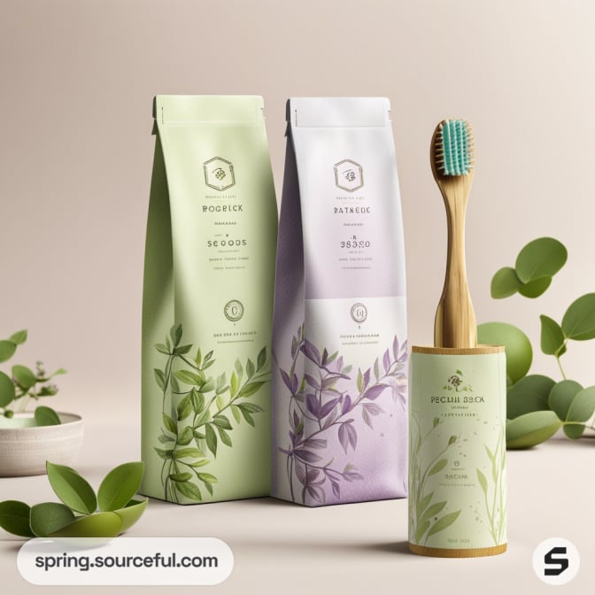 Pouches and cylinder packaging with floral designs alongside a bamboo toothbrush on a neutral background.
