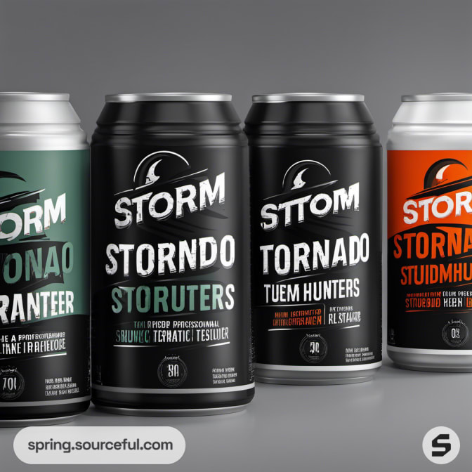 Four storm-themed beverage cans with distinct labels