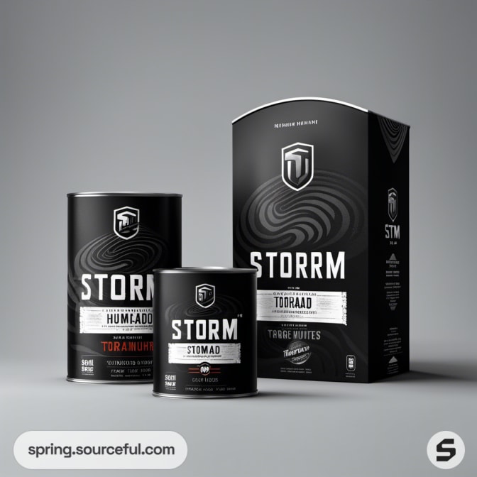 Storm-themed cylindrical packages and box with black contour design