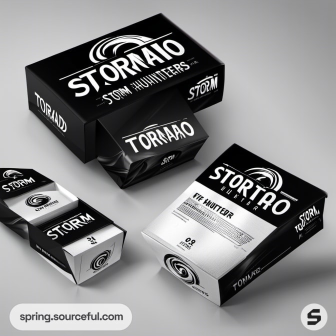 Rectangular storm-themed packages with bold black font