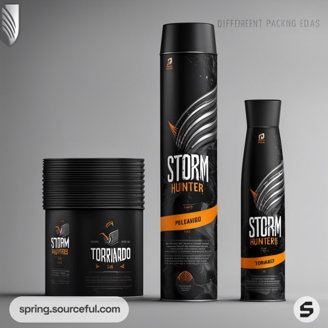 Tall black cylindrical packages with storm hunter theme