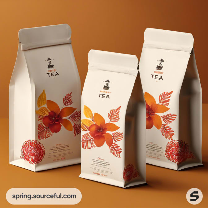 White tea pouches with orange floral design on an orange background.