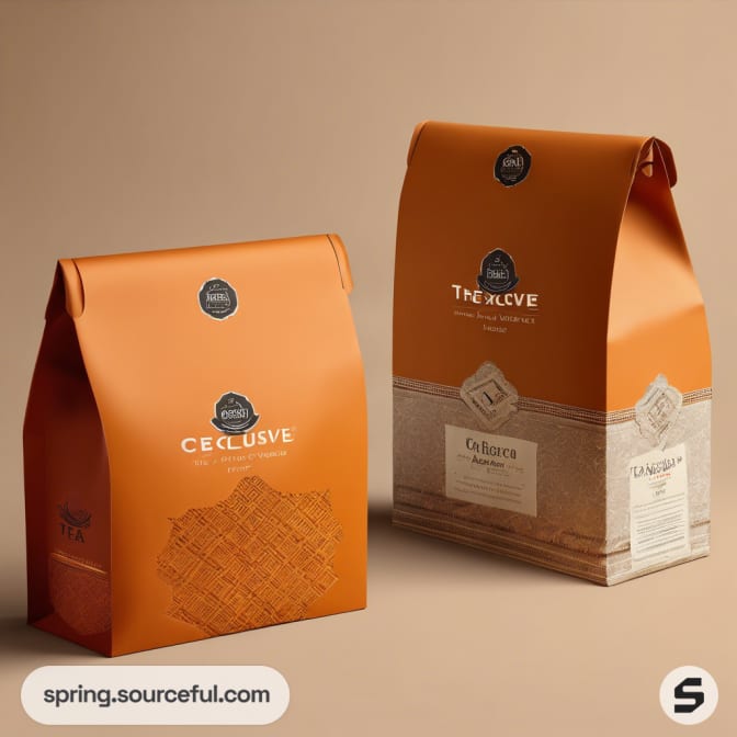 Orange and beige tea bags with intricate patterns on a beige background.