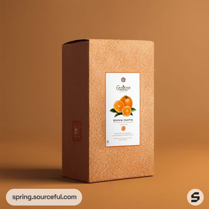 Orange textured box with fruit illustration on a warm orange background.