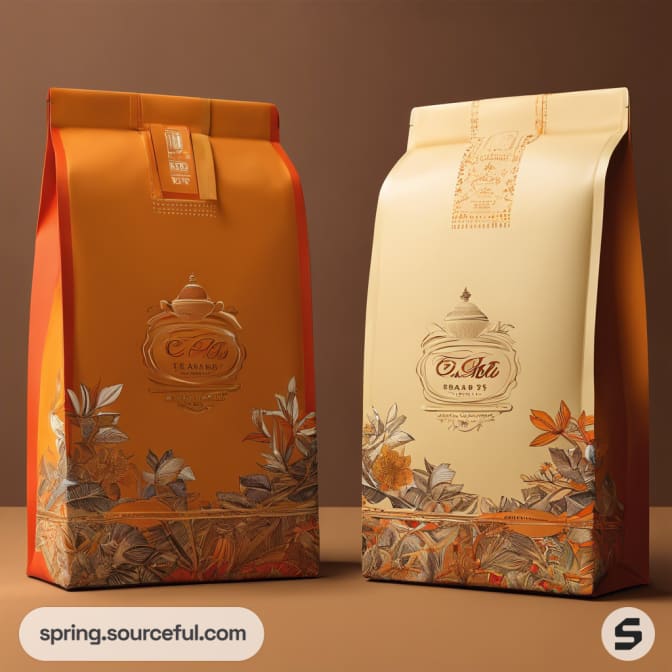 Orange and cream tea bags with floral motifs on a brown background.