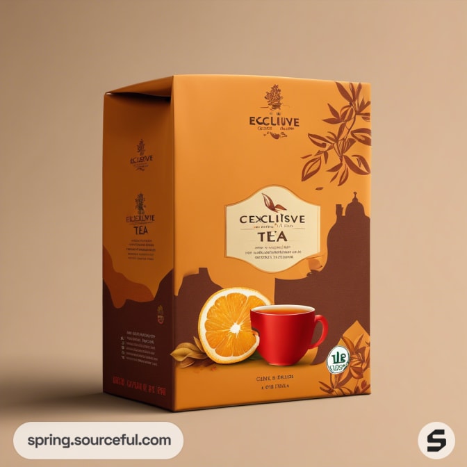 Orange tea box featuring a tea cup and slice of fruit illustration.