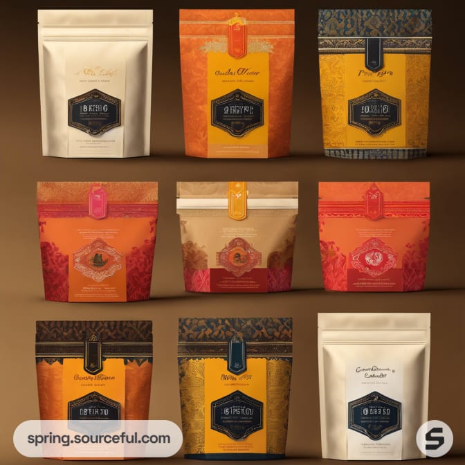 Nine assorted tea pouches with different patterns and colors.