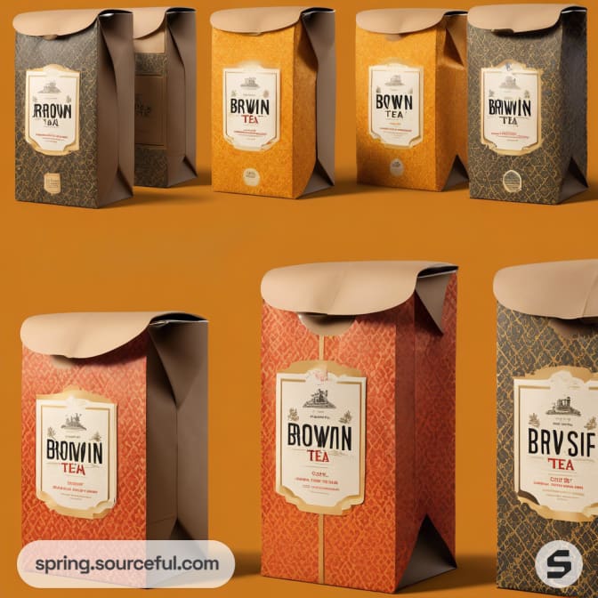 Variety of tea packages in shades of orange and brown with bold labels.