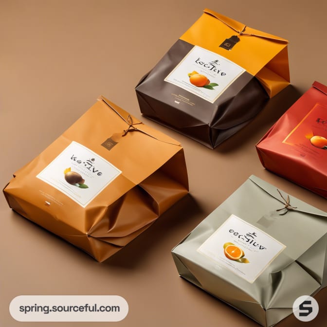 Assorted colorful square tea packages with fruit illustrations.