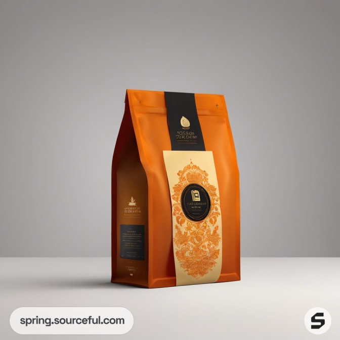 Orange tea pouch with ornate design and black label on gray background.