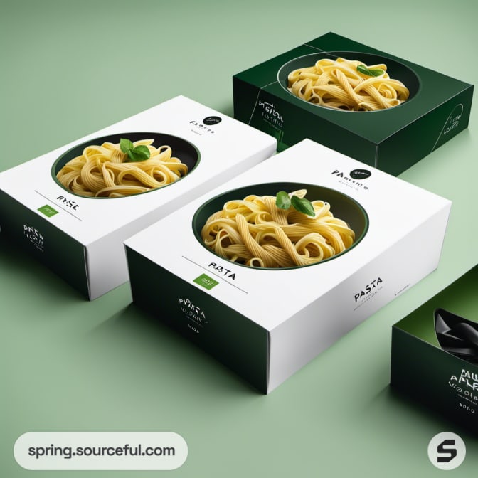 Green and white pasta box with window showing pasta on a green background.