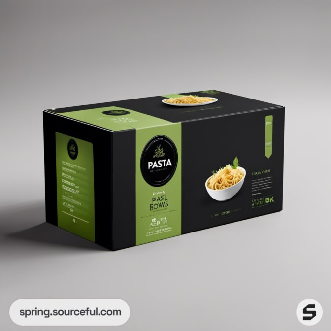Black and green pasta box with basil bowties image on gray background.