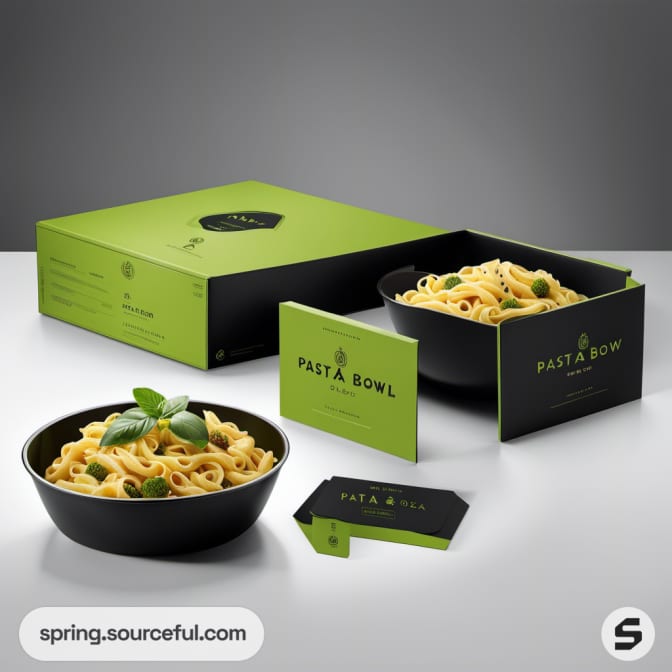 Black bowl of pasta with green box and cards on light gray surface.