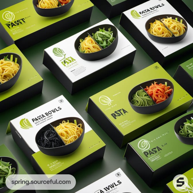 Variety of pasta bowls in green and black packaging on green background.