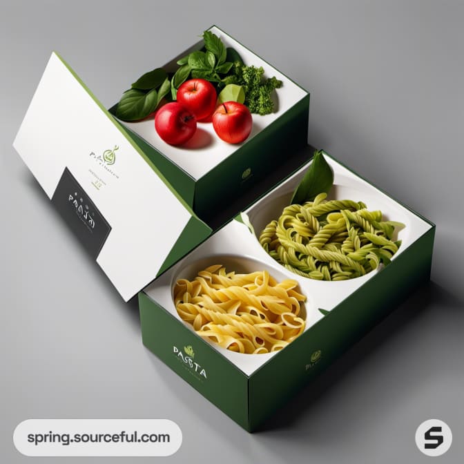 Green and white pasta box set with tomatoes and pasta on gray background.