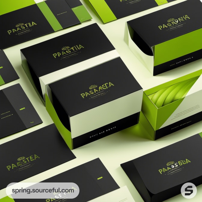 Multiple black and green pasta boxes on white surface.