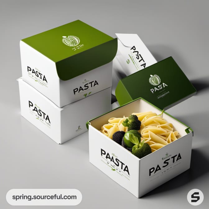 Stacked green and white pasta boxes with open top showing pasta.
