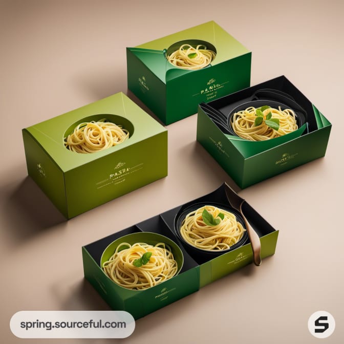 Green and black pasta boxes with circular window displaying spaghetti.