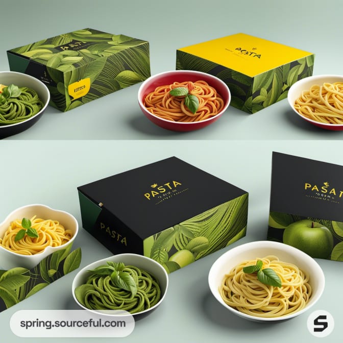 Green and yellow pasta box set with bowls on light blue background.