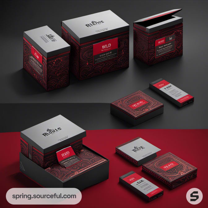 Black and red Ryans packaging box set with textured design.