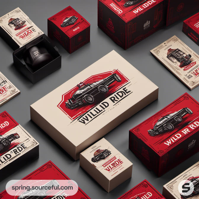 Wild Ride vehicle-themed packaging in red and beige.