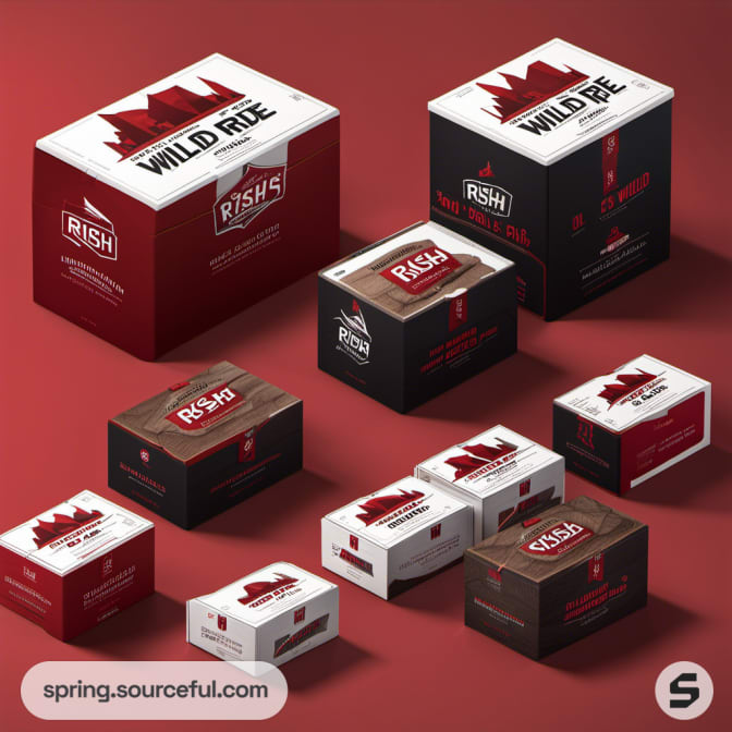 Variety of Rish's boxes with red and white design.