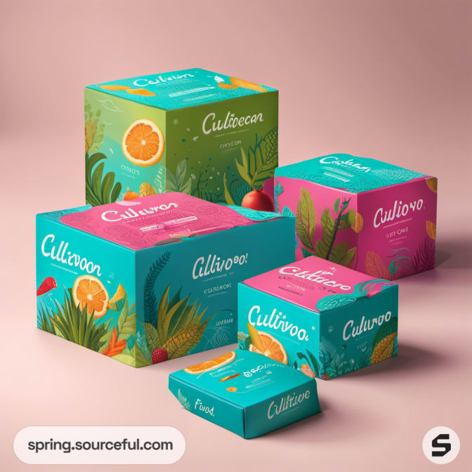 Colorful illustrated mailer boxes with fruits and plants on a pink background.