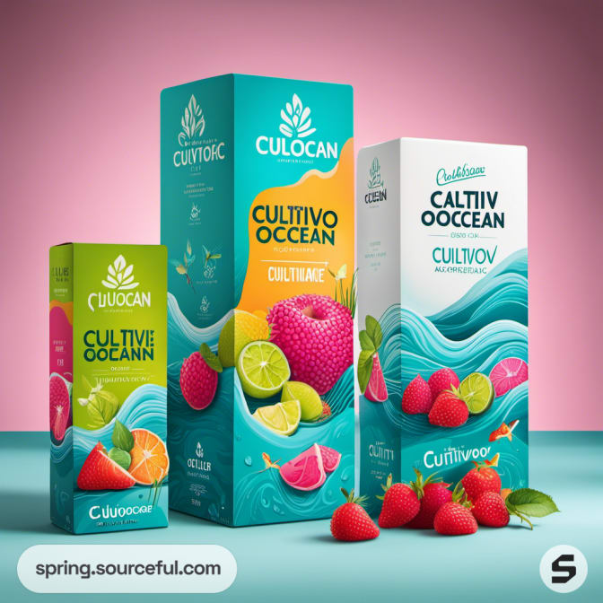 Tall and medium boxes with ocean waves and fruits on a pink backdrop.