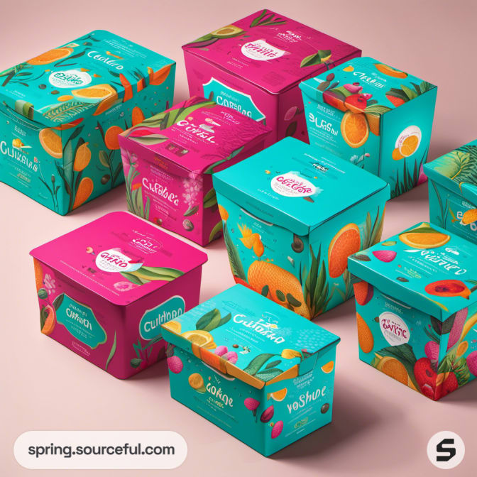 Assorted cube boxes with colorful fruit illustrations on a pink surface.