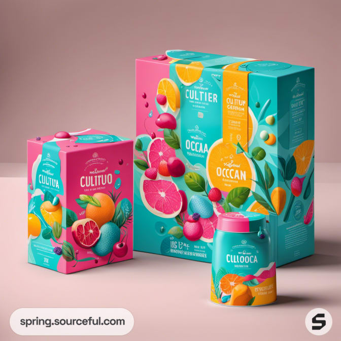 Large beverage boxes with vibrant fruit illustrations on a neutral background.
