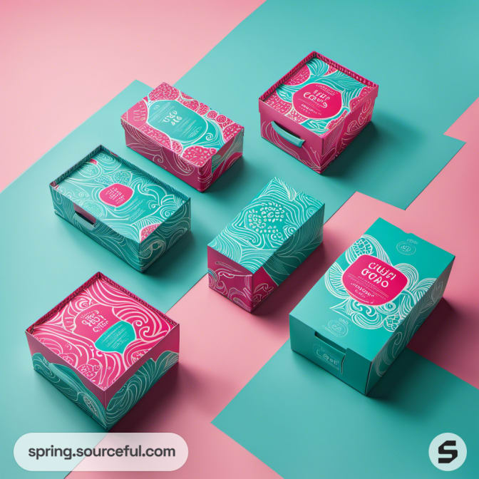 Decorative mailer boxes with abstract patterns in teal and pink.