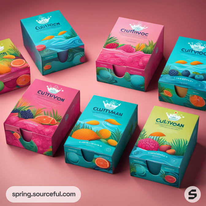 Bright fruit-themed boxes on a vibrant pink background.