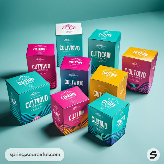 Vibrant stacked boxes with abstract wave patterns on a teal surface.