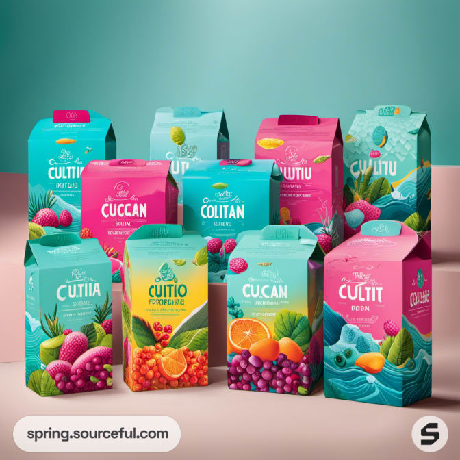 Assorted fruit-themed boxes in pastel colors with floral designs.