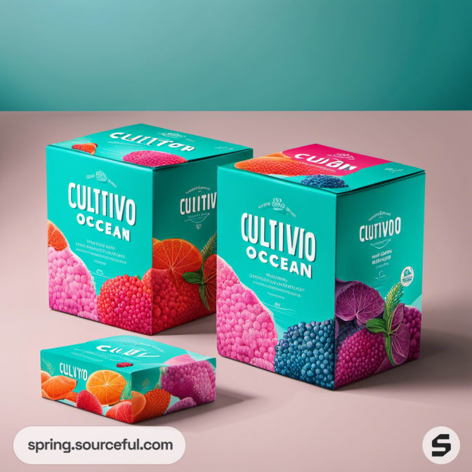 Boxes with fruit illustrations on a turquoise background.
