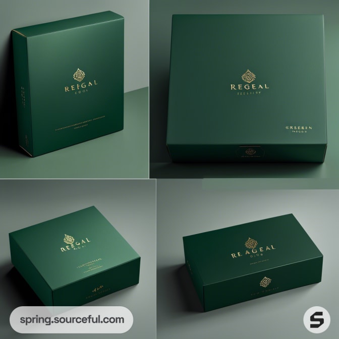 Four views of green boxes with gold logos, simple design