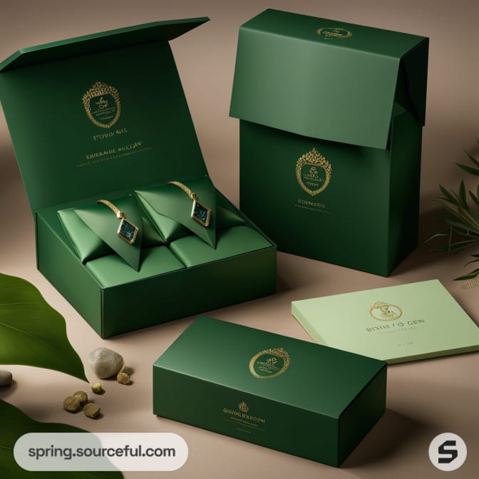 Green gift boxes with jewelry and gold details on neutral background