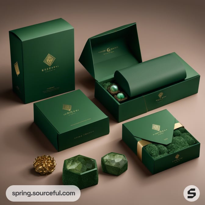 Open and closed green packaging boxes with gold accents