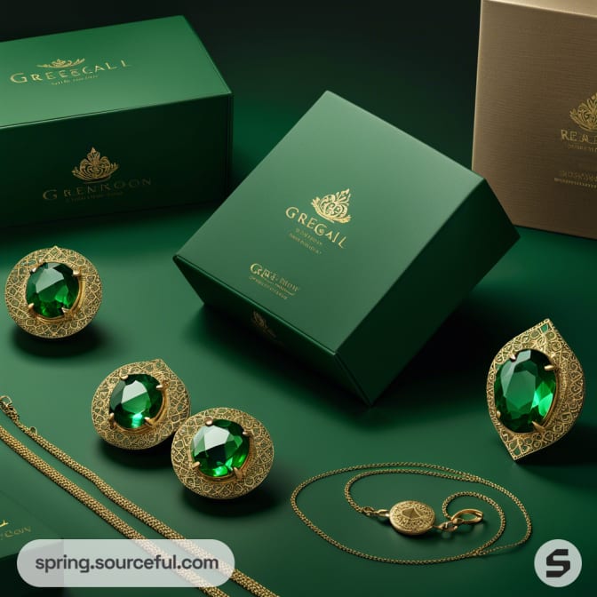 Jewelry in green boxes, gold accents, elegant setup