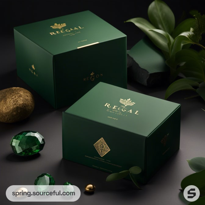 Green boxes with gold logos and gemstones on dark surface