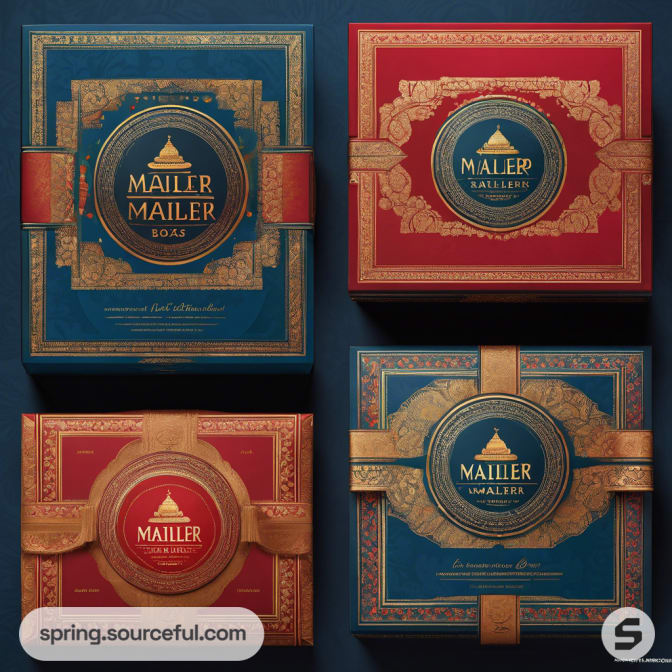 Elegant mailer boxes with ornate gold and blue-red designs.
