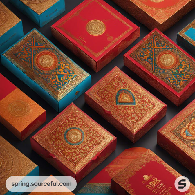 Assorted luxury boxes with intricate red and gold patterns.