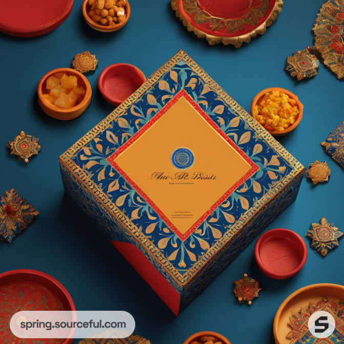 Decorative box amidst traditional snacks and bowls on blue.