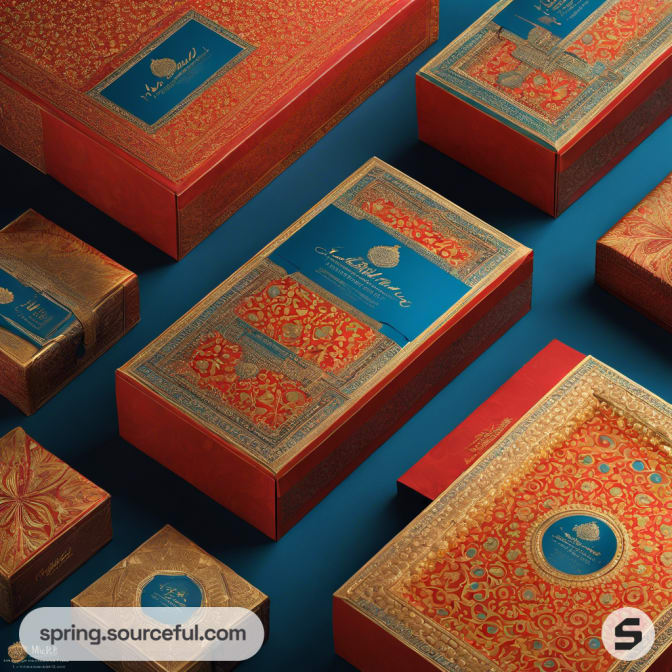 Red and gold patterned packages with blue accents.