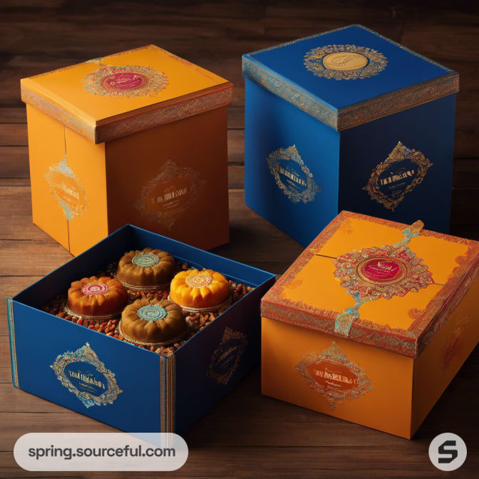 Square boxes with mooncakes; orange and blue designs.