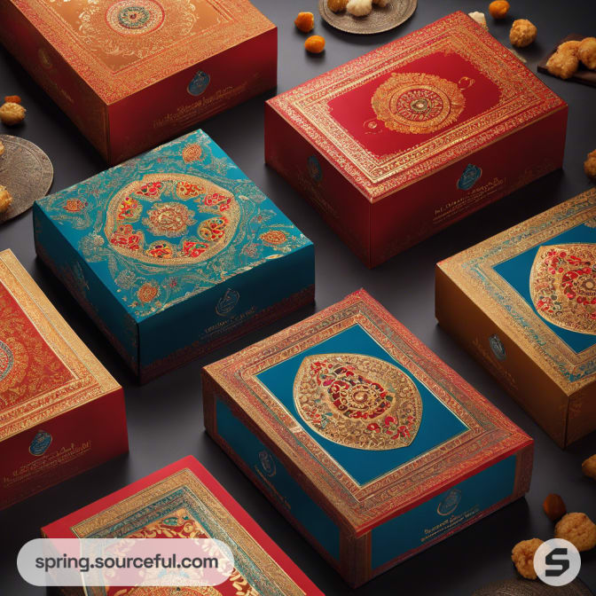Colorful boxes with vibrant mandala patterns and designs.