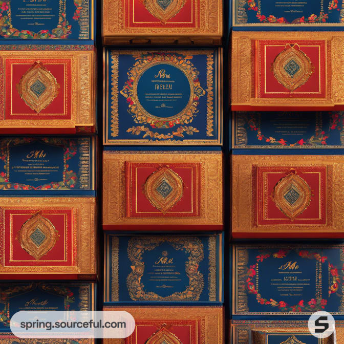 Stacked ornamental blue and red boxes with gold accents.