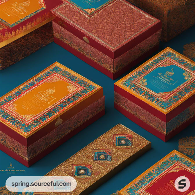 Boxes with elaborate gold patterns and colorful details.